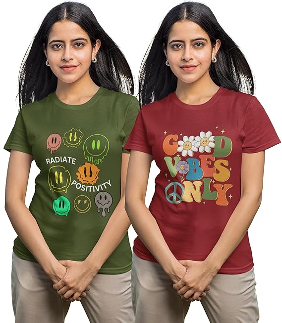 Reifica Women's Cotton Half Sleeve Regular Fit Printed Tshirts for Women/Girls Combo Pack of 2
